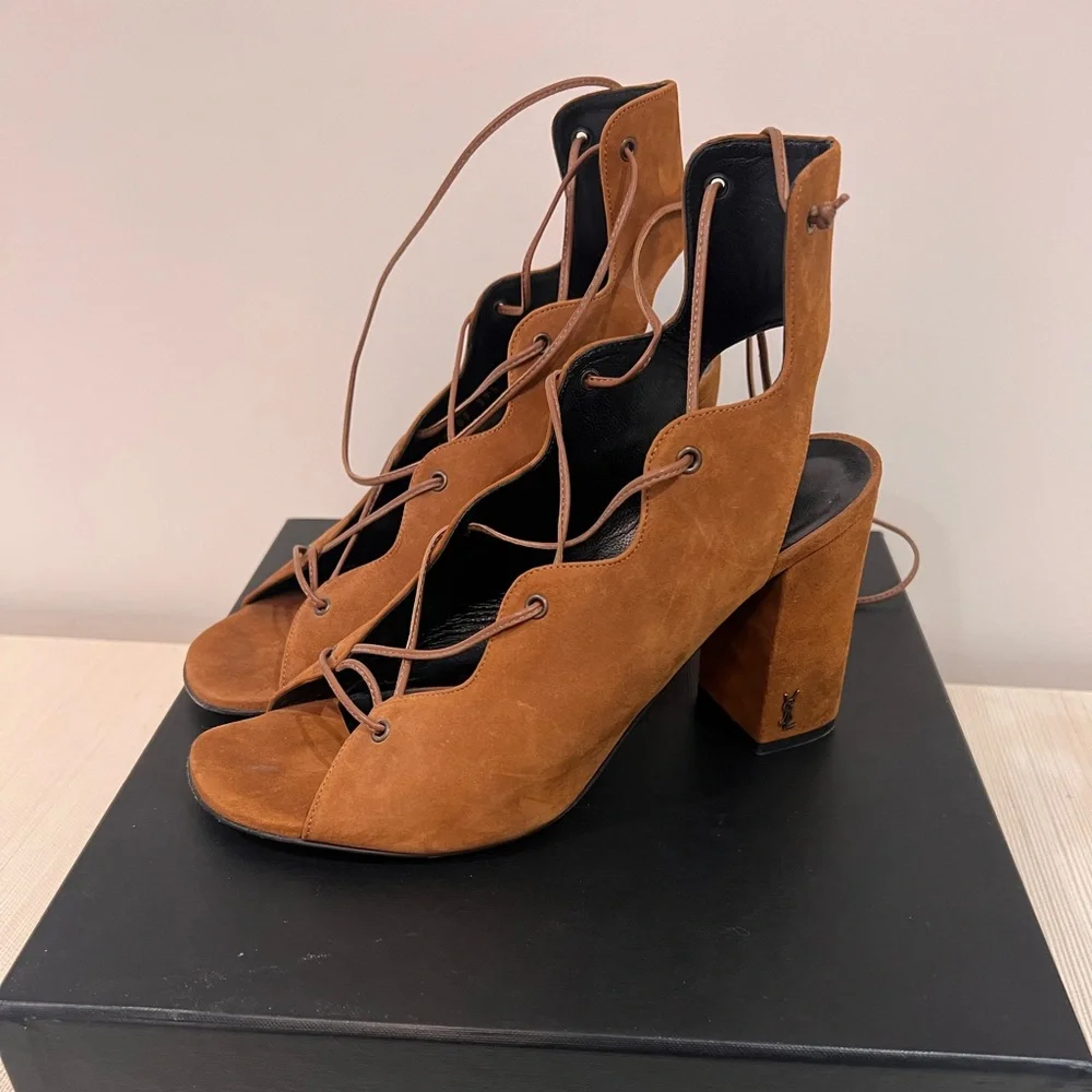 Saint Laurent Babies Suede Lace-Up Sandal, Tan. Size 39.5, gently used. - Picture 6 of 8